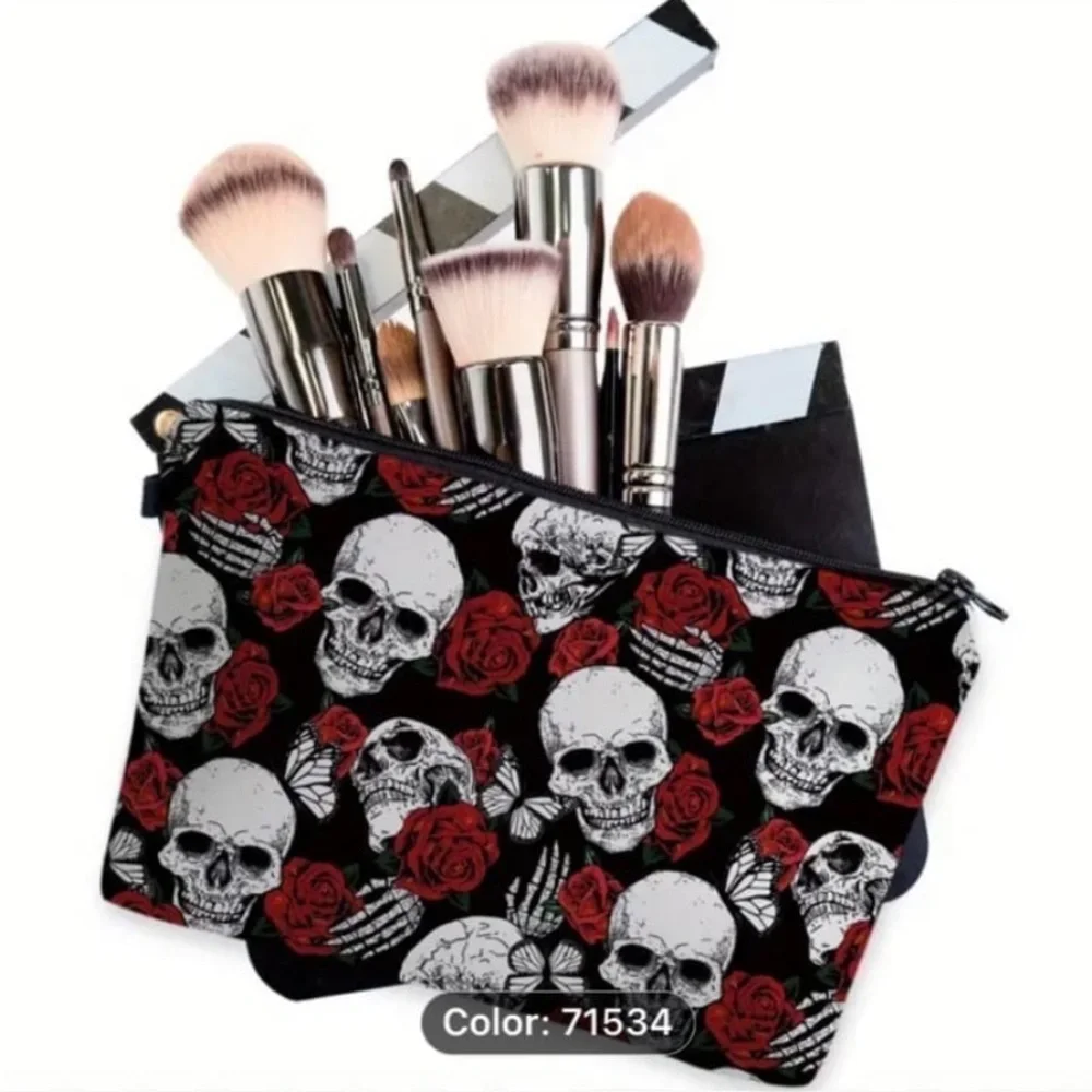 New! 3D Printed Skull And Rose Pattern Cosmetic Bag, Waterproof Makeup Pouch